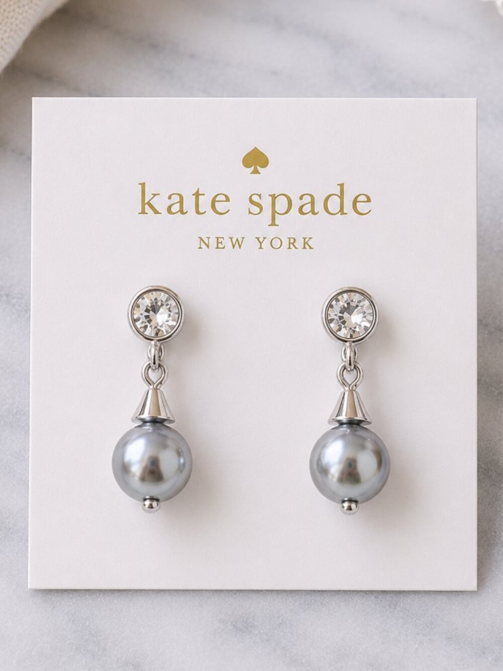 Kate Spade Gray Pearl Crystal Drop Earrings Silver Tone Elegant Dangle Jewelry